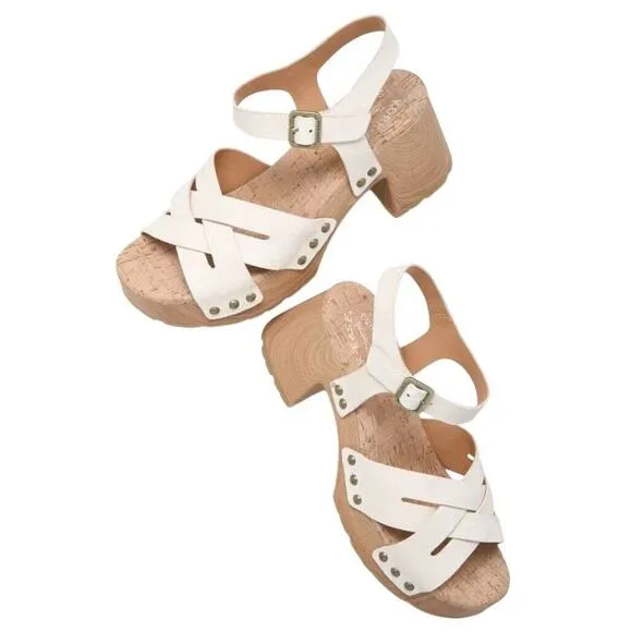 Kork-Ease CREAM Leather Strappy Wooden Clog Sandals 9M Boho Retro Chunky Heel