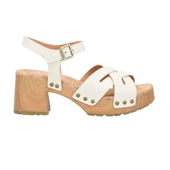 Kork-Ease CREAM Leather Strappy Wooden Clog Sandals 9M Boho Retro Chunky Heel