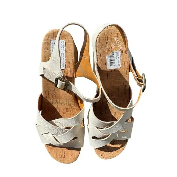 Kork-Ease CREAM Leather Strappy Wooden Clog Sandals 9M Boho Retro Chunky Heel
