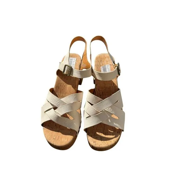 Kork-Ease CREAM Leather Strappy Wooden Clog Sandals 9M Boho Retro Chunky Heel