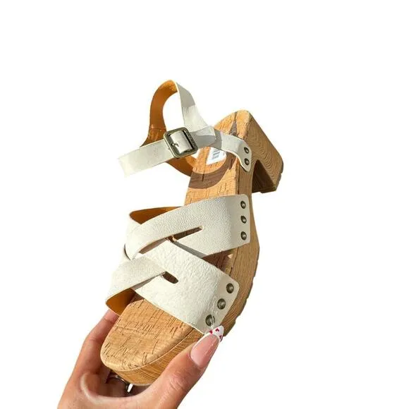 Kork-Ease CREAM Leather Strappy Wooden Clog Sandals 9M Boho Retro Chunky Heel