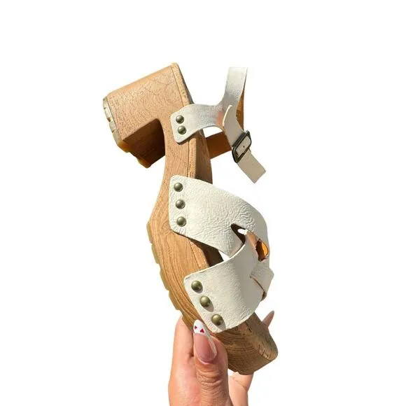 Kork-Ease CREAM Leather Strappy Wooden Clog Sandals 9M Boho Retro Chunky Heel