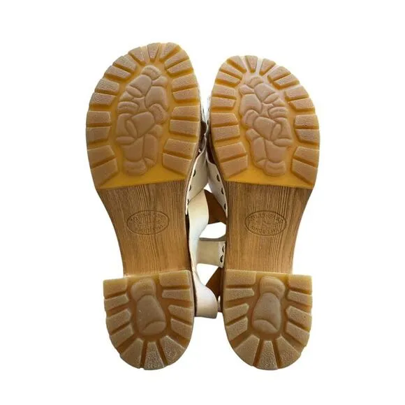 Kork-Ease CREAM Leather Strappy Wooden Clog Sandals 9M Boho Retro Chunky Heel