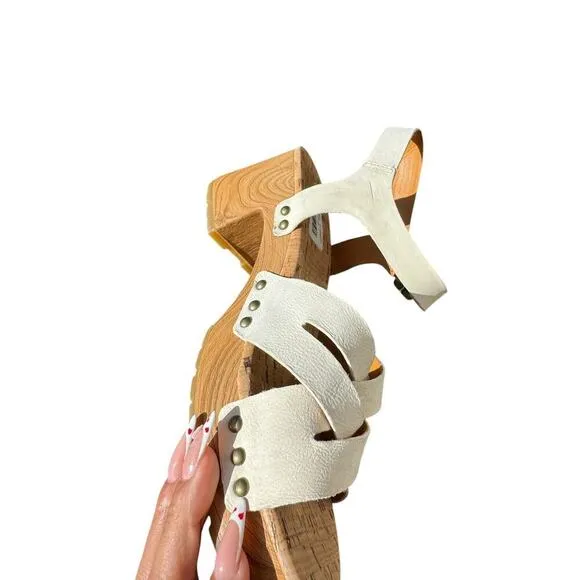 Kork-Ease CREAM Leather Strappy Wooden Clog Sandals 9M Boho Retro Chunky Heel