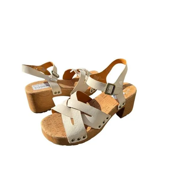 Kork-Ease CREAM Leather Strappy Wooden Clog Sandals 9M Boho Retro Chunky Heel