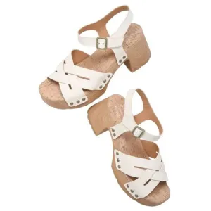 Kork-Ease CREAM Leather Strappy Wooden Clog Sandals 9M Boho Retro Chunky Heel