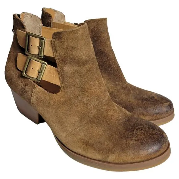 Korks Ease Gabriela Ankle Boots Brown Tan Leather Booties Distressed Boho Size 7