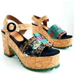 KRON BY KRONKRON- KRE2-18 Multi Color Block Heel Platform Sandal Boho Chic