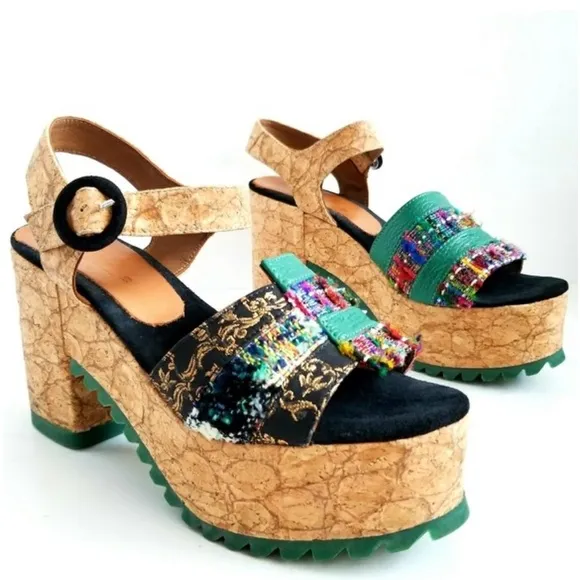 KRON BY KRONKRON- KRE2-18 Multi Color Block Heel Platform Sandal Boho Chic