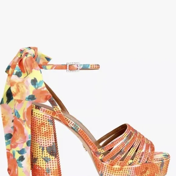 Kurt  Geiger  WOMENS ORANGE PIERRA CRYSTAL-EMBELLISHED WOVEN PLATFORM