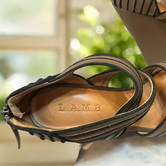 L.A.M.B. Y2K 90s Bernadette Leather Sandals Wedges Heels Size 7.5