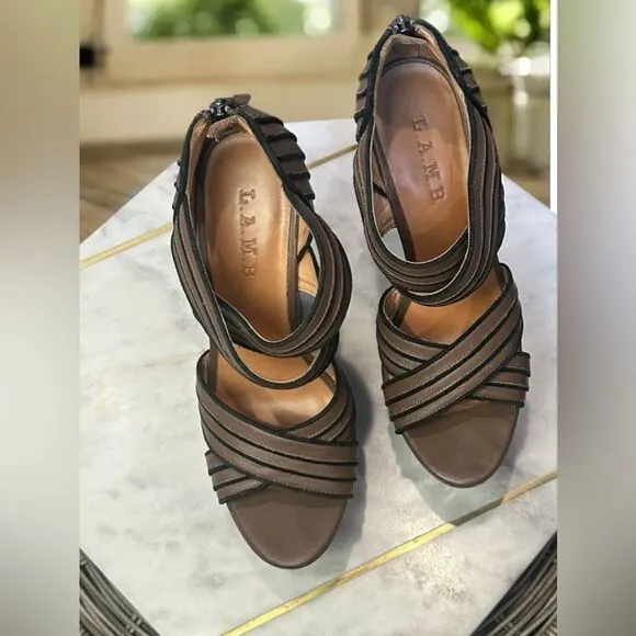 L.A.M.B. Y2K 90s Bernadette Leather Sandals Wedges Heels Size 7.5