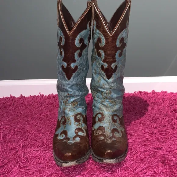 Lane Dawson Western Boots Distressed Boho Cowboy Cowgirl Turquoise Brown