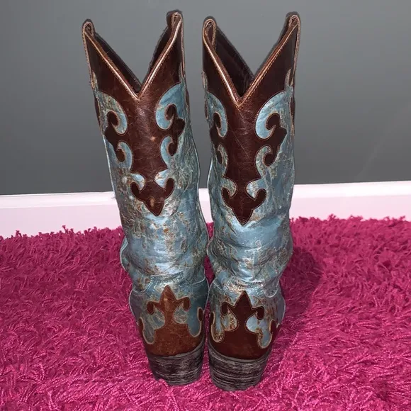 Lane Dawson Western Boots Distressed Boho Cowboy Cowgirl Turquoise Brown