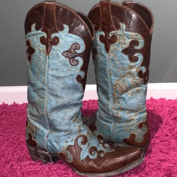 Lane Dawson Western Boots Distressed Boho Cowboy Cowgirl Turquoise Brown
