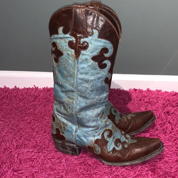 Lane Dawson Western Boots Distressed Boho Cowboy Cowgirl Turquoise Brown