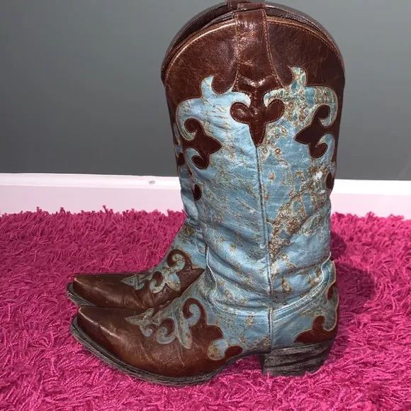 Lane Dawson Western Boots Distressed Boho Cowboy Cowgirl Turquoise Brown