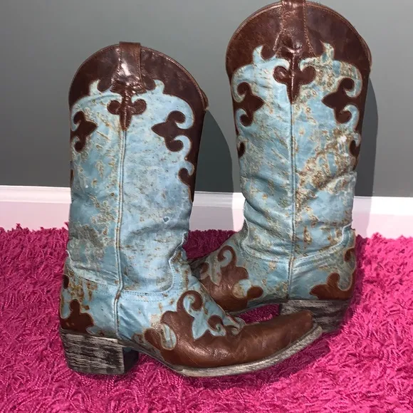 Lane Dawson Western Boots Distressed Boho Cowboy Cowgirl Turquoise Brown