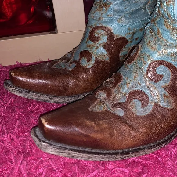 Lane Dawson Western Boots Distressed Boho Cowboy Cowgirl Turquoise Brown
