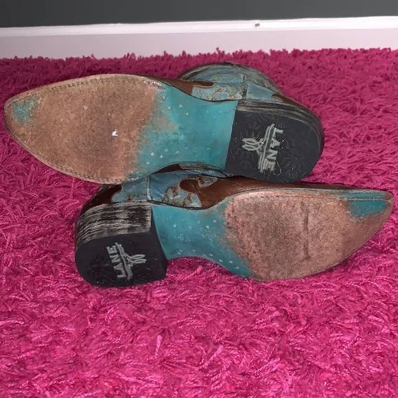 Lane Dawson Western Boots Distressed Boho Cowboy Cowgirl Turquoise Brown