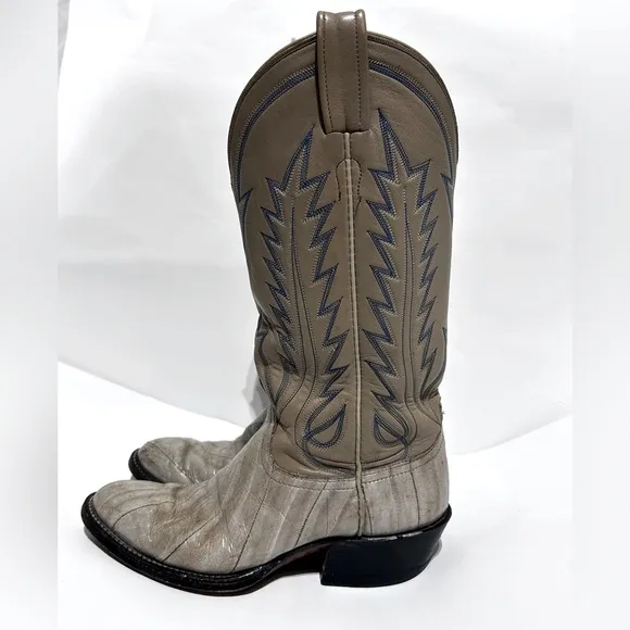 Laramie Handmade Leather Boots Western Stitched Vintage Gray Aqua Thread Size 8