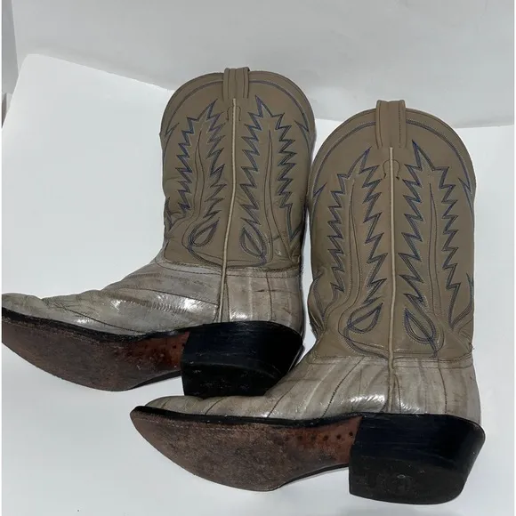 Laramie Handmade Leather Boots Western Stitched Vintage Gray Aqua Thread Size 8
