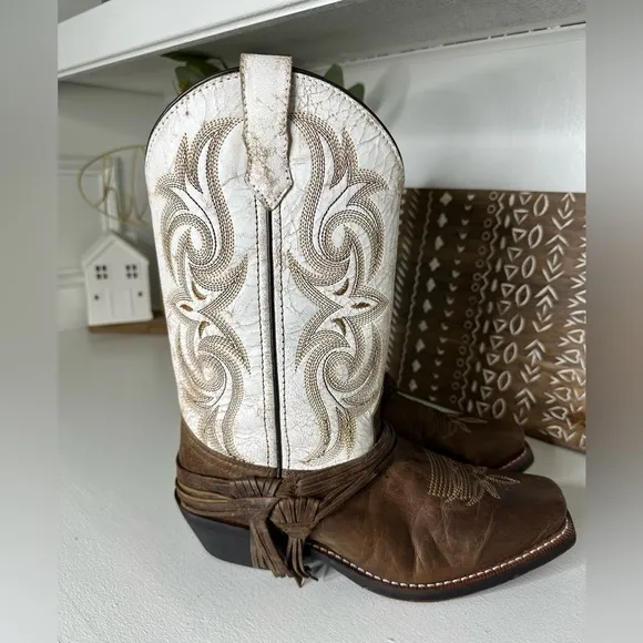 Laredo Crackle Embroidered Tassel Brown and White Cowboy Western Boots -Size 8.5