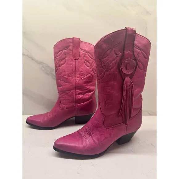 Laredo Sz 6 Vintage Pink Leather Cowgirl Western Boots Tassle Fringe Embroidery