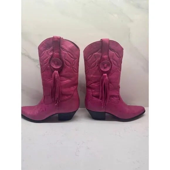 Laredo Sz 6 Vintage Pink Leather Cowgirl Western Boots Tassle Fringe Embroidery