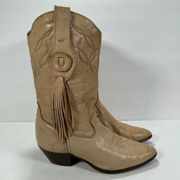 Laredo Vintage Cream Leather Fringe Western Cowboy Boots Women’s Size 6M