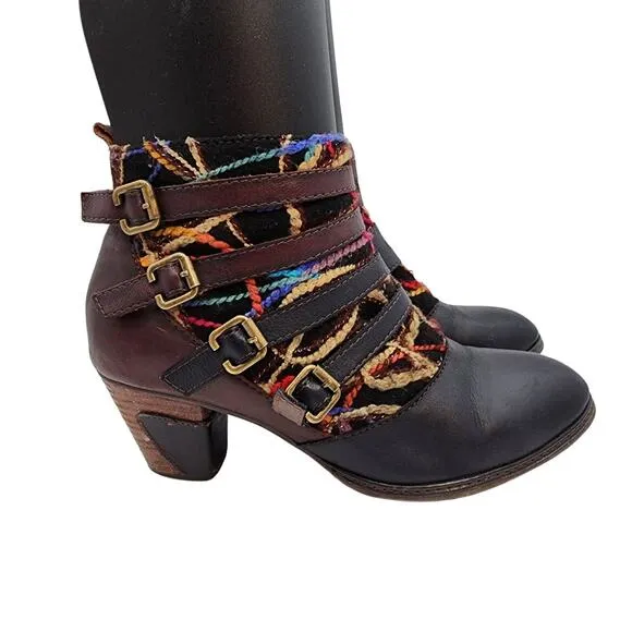 L’Artiste Leather Yarn Buckle Ankle Boots Heeled Boho Artsy Whimsigoth Women 9.5