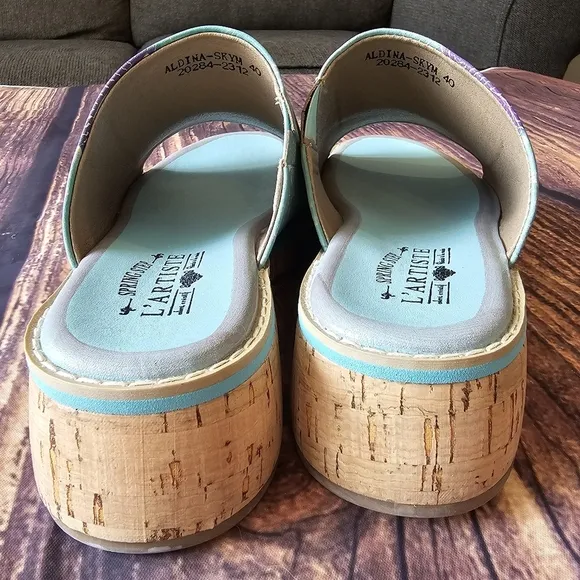 L'Artiste Spring Step Aldina Size 40 (9) Leather Slide Sandals Floral Boho Cork