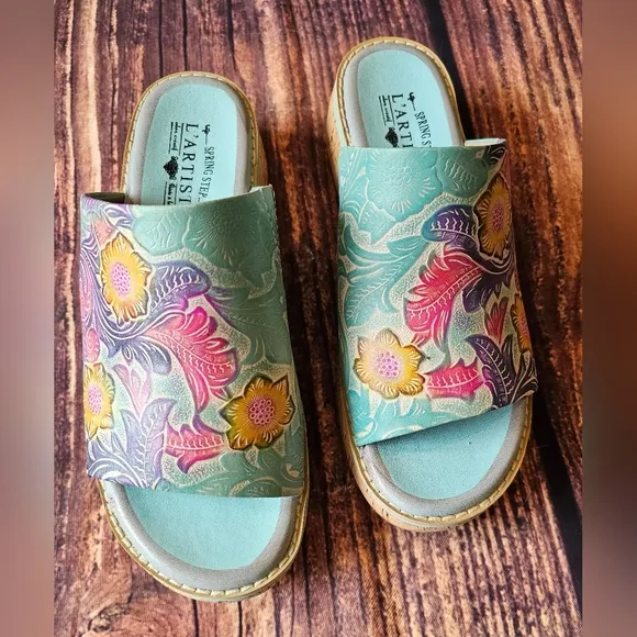 L'Artiste Spring Step Aldina Size 40 (9) Leather Slide Sandals Floral Boho Cork