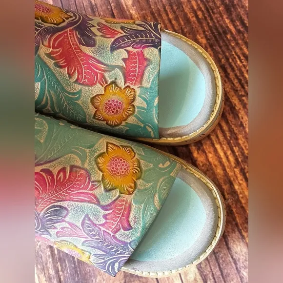 L'Artiste Spring Step Aldina Size 40 (9) Leather Slide Sandals Floral Boho Cork