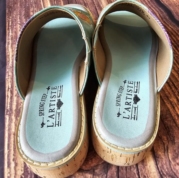 L'Artiste Spring Step Aldina Size 40 (9) Leather Slide Sandals Floral Boho Cork