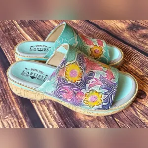 L'Artiste Spring Step Aldina Size 40 (9) Leather Slide Sandals Floral Boho Cork
