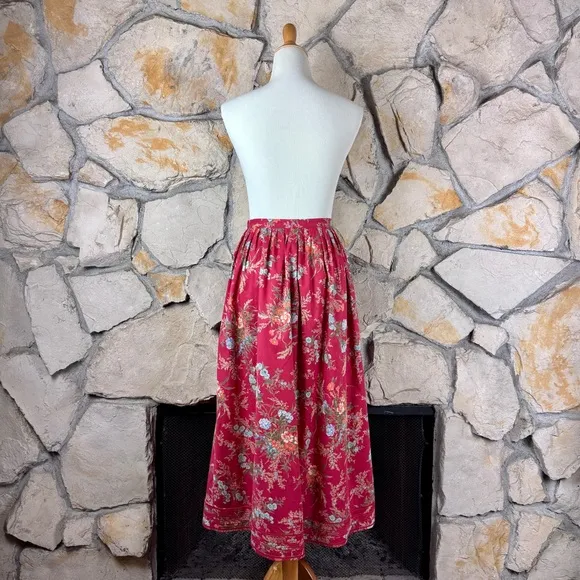 Lauren Ralph Lauren c. 1990s Cotton Maxi Skirt Heritage Red Floral | 12