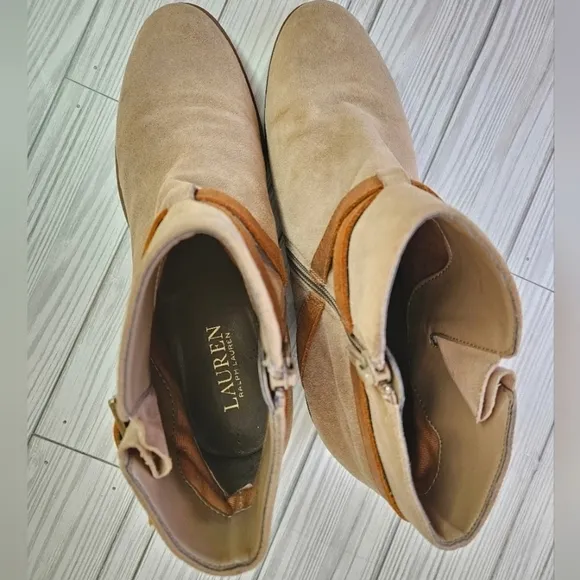Lauren Ralph Lauren Mehira Suede and Leather Strap Ankle Boots in Sand Size 8