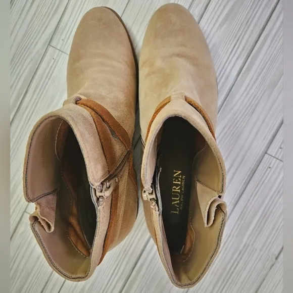 Lauren Ralph Lauren Mehira Suede and Leather Strap Ankle Boots in Sand Size 8