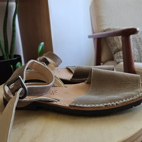 leather taupe ankle strap cottage indie urban hippie festival boho flat sandals