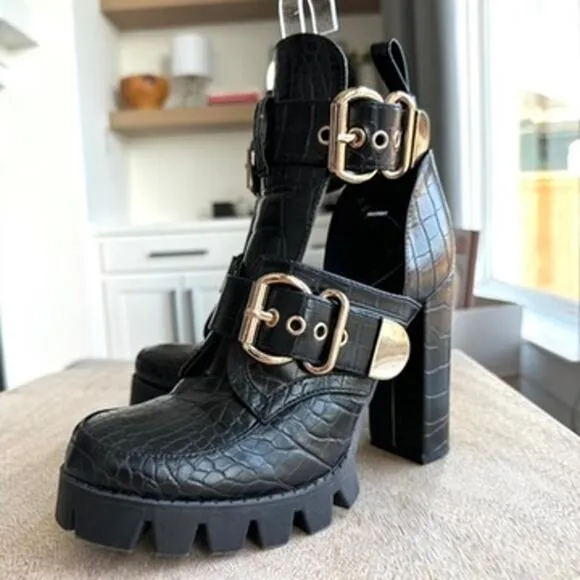 Lemonade Croc-Embossed Platform Heel Black Gold Buckle 7.5 NWOT Chunky Heel Edgy