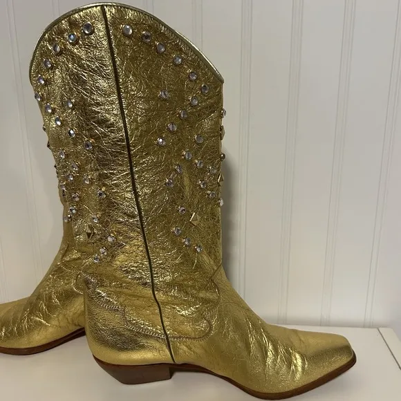 Lenni Vintage Metallic Gold Cowboy Boots Made In Italy Women's 7 1/2