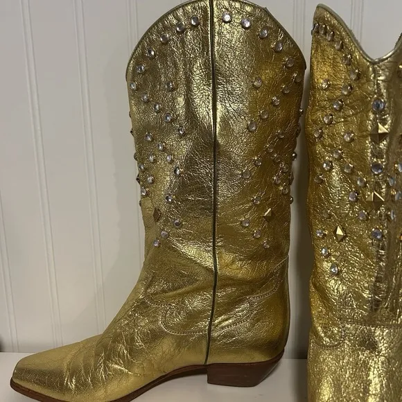 Lenni Vintage Metallic Gold Cowboy Boots Made In Italy Women's 7 1/2