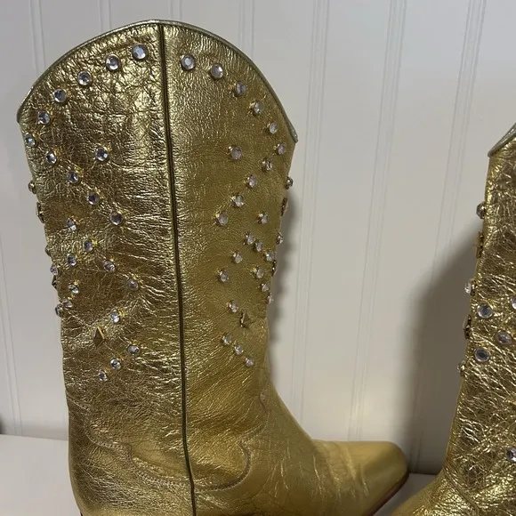 Lenni Vintage Metallic Gold Cowboy Boots Made In Italy Women's 7 1/2