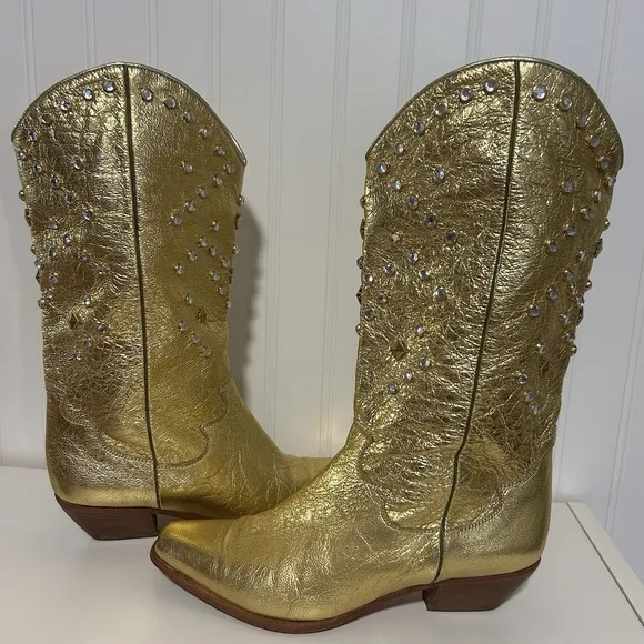 Lenni Vintage Metallic Gold Cowboy Boots Made In Italy Women's 7 1/2