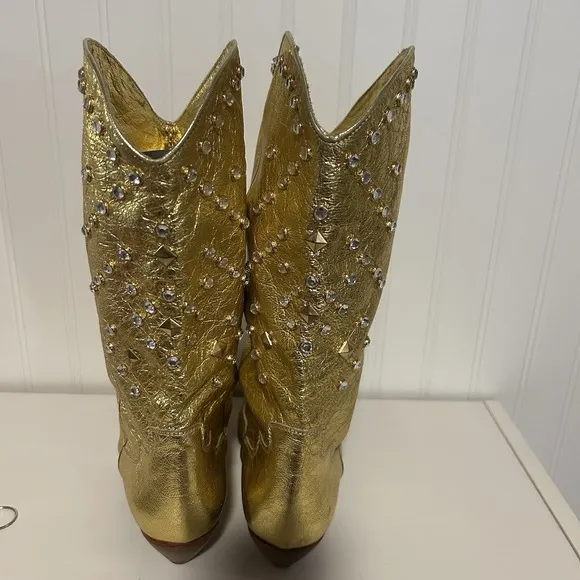 Lenni Vintage Metallic Gold Cowboy Boots Made In Italy Women's 7 1/2