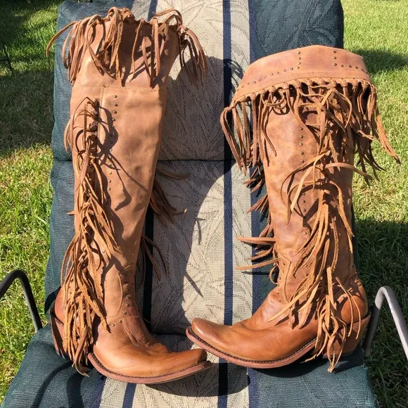 Liberty Black LB71167 American Tan Fringe Boots otk thigh cowboy boho gypsy 8.5