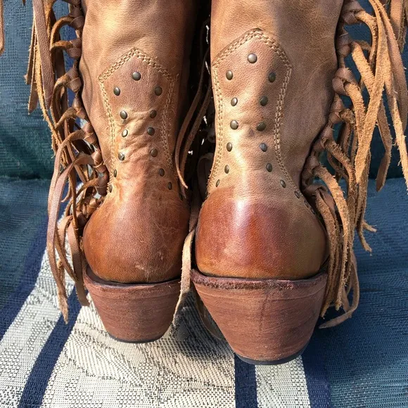 Liberty Black LB71167 American Tan Fringe Boots otk thigh cowboy boho gypsy 8.5