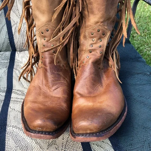 Liberty Black LB71167 American Tan Fringe Boots otk thigh cowboy boho gypsy 8.5