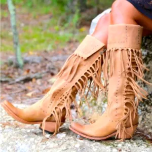 Liberty Black LB71167 American Tan Fringe Boots otk thigh cowboy boho gypsy 8.5